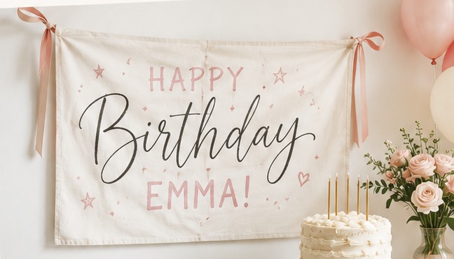 Hand-painted Happy Birthday Emma banner hanging behind a cake and flowers